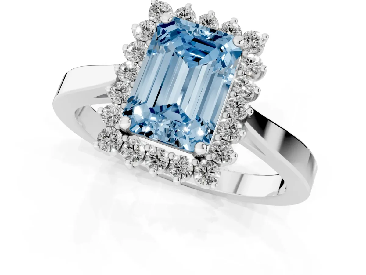 Fancy Blue Emerald Cut Cut Diamond Halo Ring with Round Brilliant Halo and Solitaire Band Silver