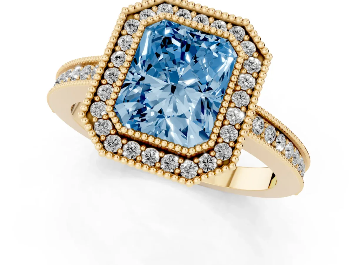 Fancy Blue Radiant Cut Cut Halo Diamond Ring with Pavé Band and Milgrain Prong Setting Yellow gold