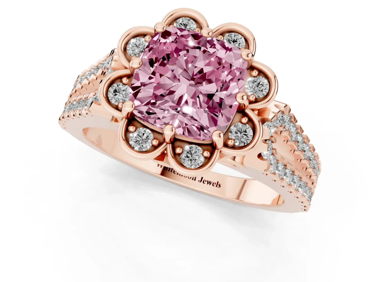 Fancy Pink Cushion Cut Halo Diamond Floral Split Shank Engagement Ring Rose gold