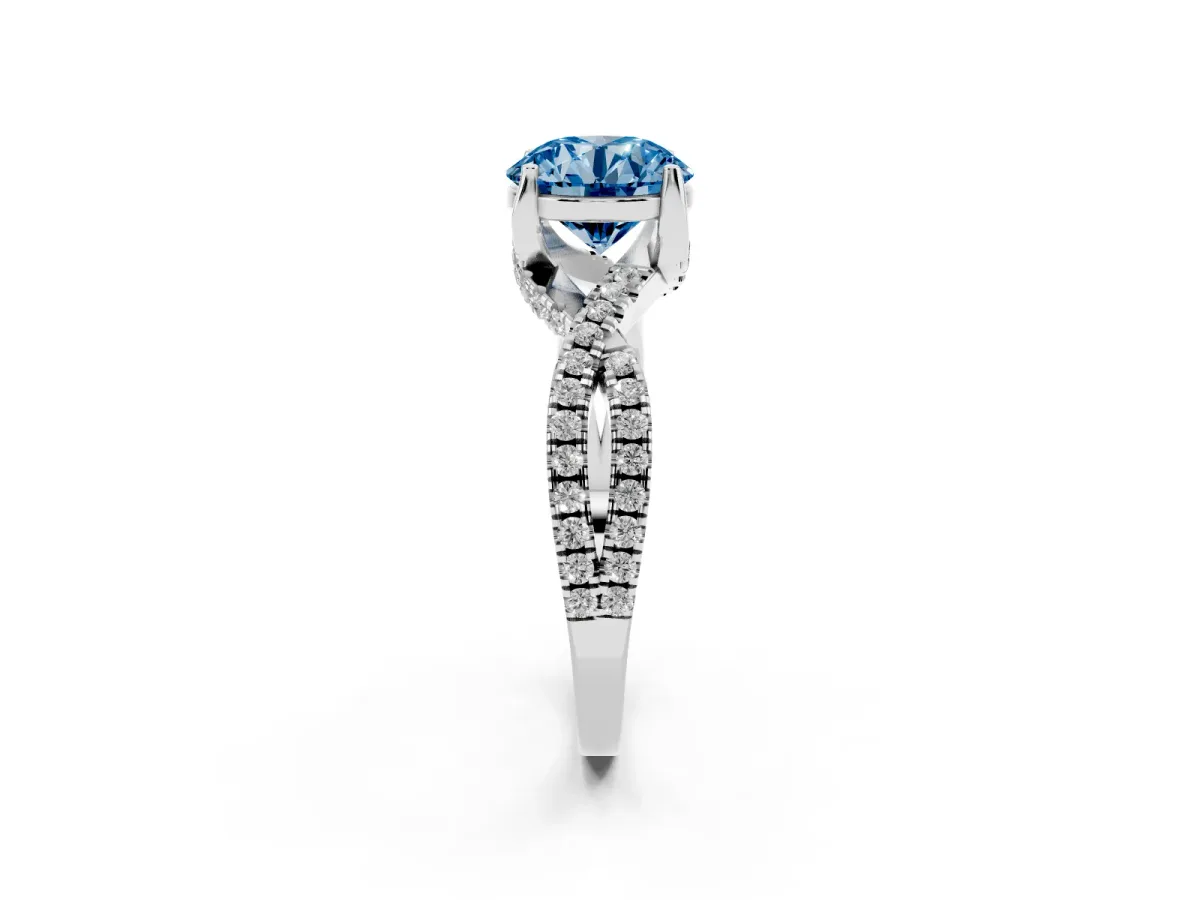 Fancy Blue Round Cut Solitaire Twist Pave Diamond Engagement Ring with Prong Setting Silver