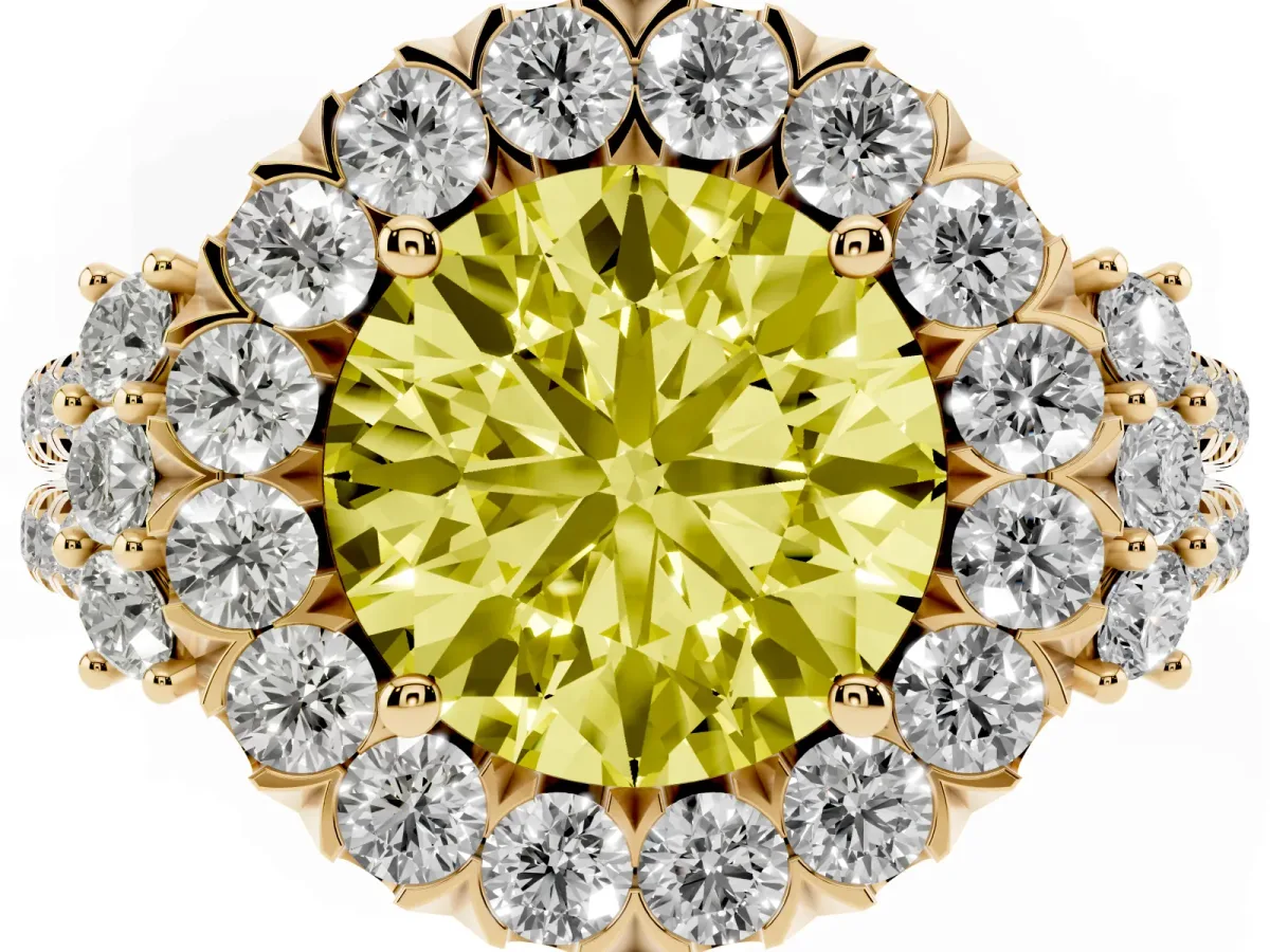 Fancy Yellow Round Cut Cut Double Halo Diamond Engagement Ring with Pave Band and Four-Prong Setting Yellow gold