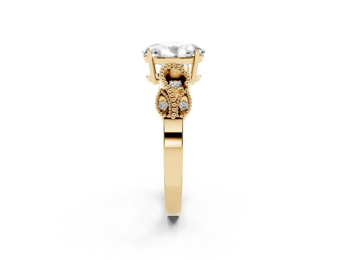 Oval Cut Solitaire Milgrain Leaf Band with Prong Setting Yellow gold