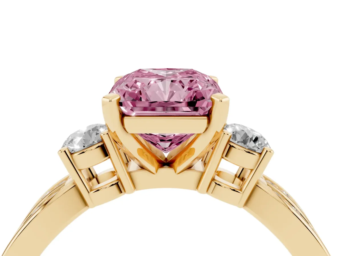 Fancy Pink Three-Stone Radiant Cut Cut Diamond Twist Band with Prong Setting Yellow gold