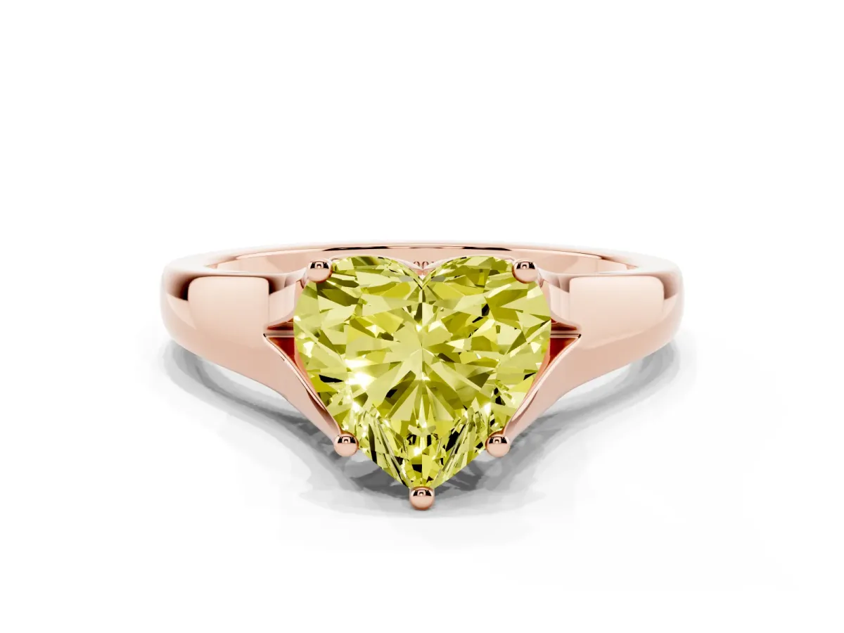 Fancy Yellow Heart Cut Solitaire Diamond Ring with Cathedral Band and Four-Prong Setting Rose gold
