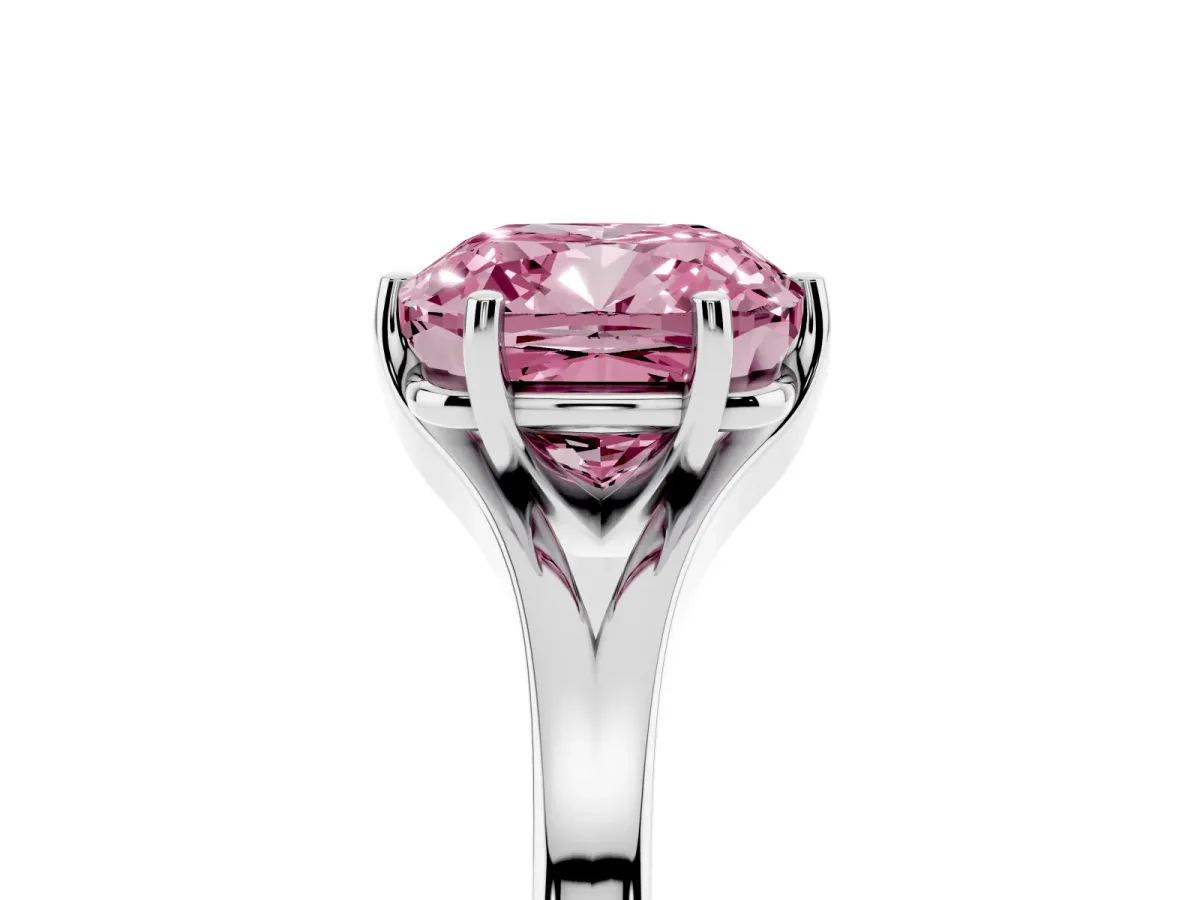 Fancy Pink Cushion Cut Solitaire Diamond Ring with Six-Prong Setting and Tapered Band Platinum