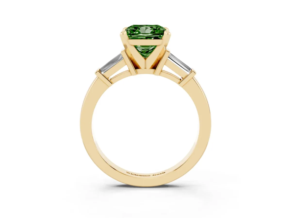 Fancy Green Princess Cut Cut Diamond Solitaire Ring with Tapered Baguette Accents and Four-Prong Setting Yellow gold