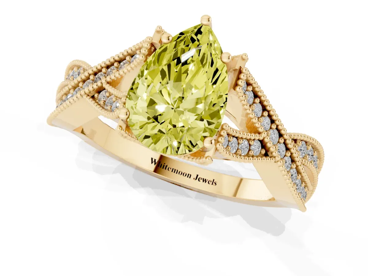 Fancy Yellow Pear Cut Cut Diamond Twisted Band with Milgrain Pave Setting and Four-Prong Setting Yellow gold