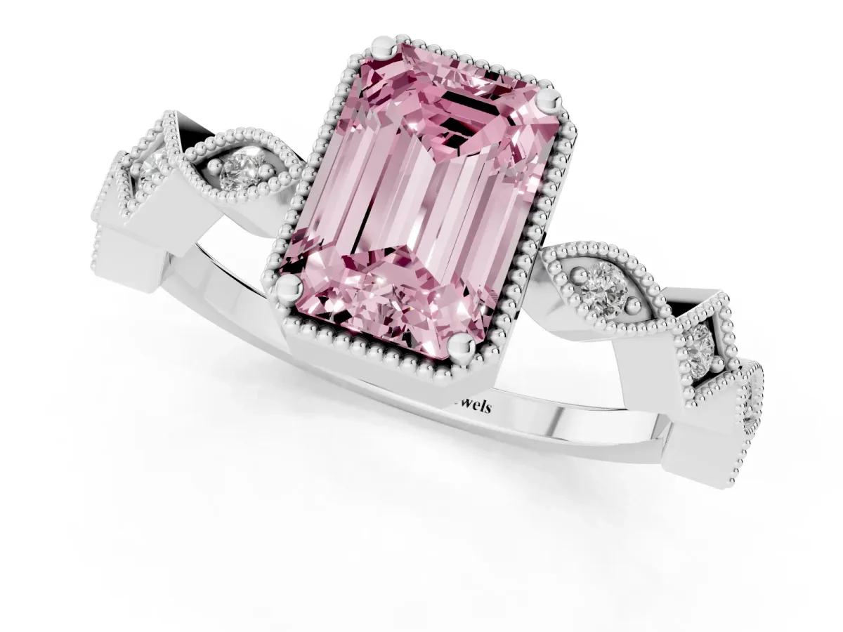 Fancy Pink Emerald Cut Milgrain Marquise Diamond Twist Band Ring Silver