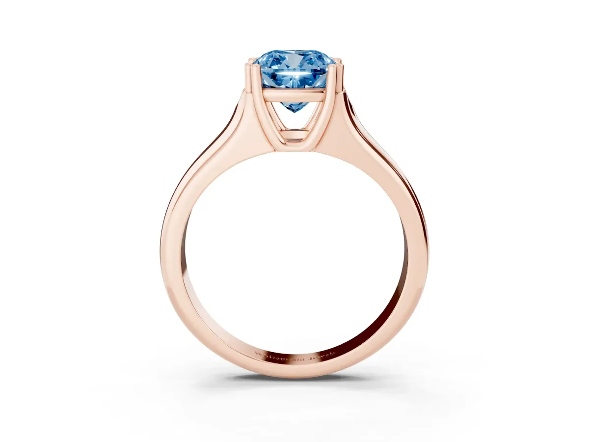 Fancy Blue Cushion Cut Diamond Solitaire Ring with Wide Band and Prong Setting Rose gold
