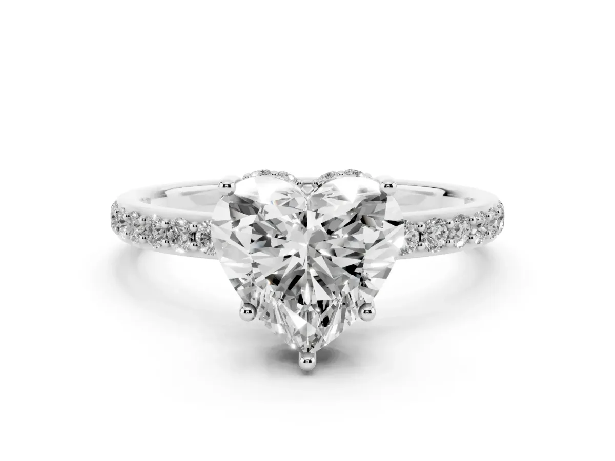 Heart Cut Diamond Solitaire Ring with Pavé Band and Hidden Halo Silver