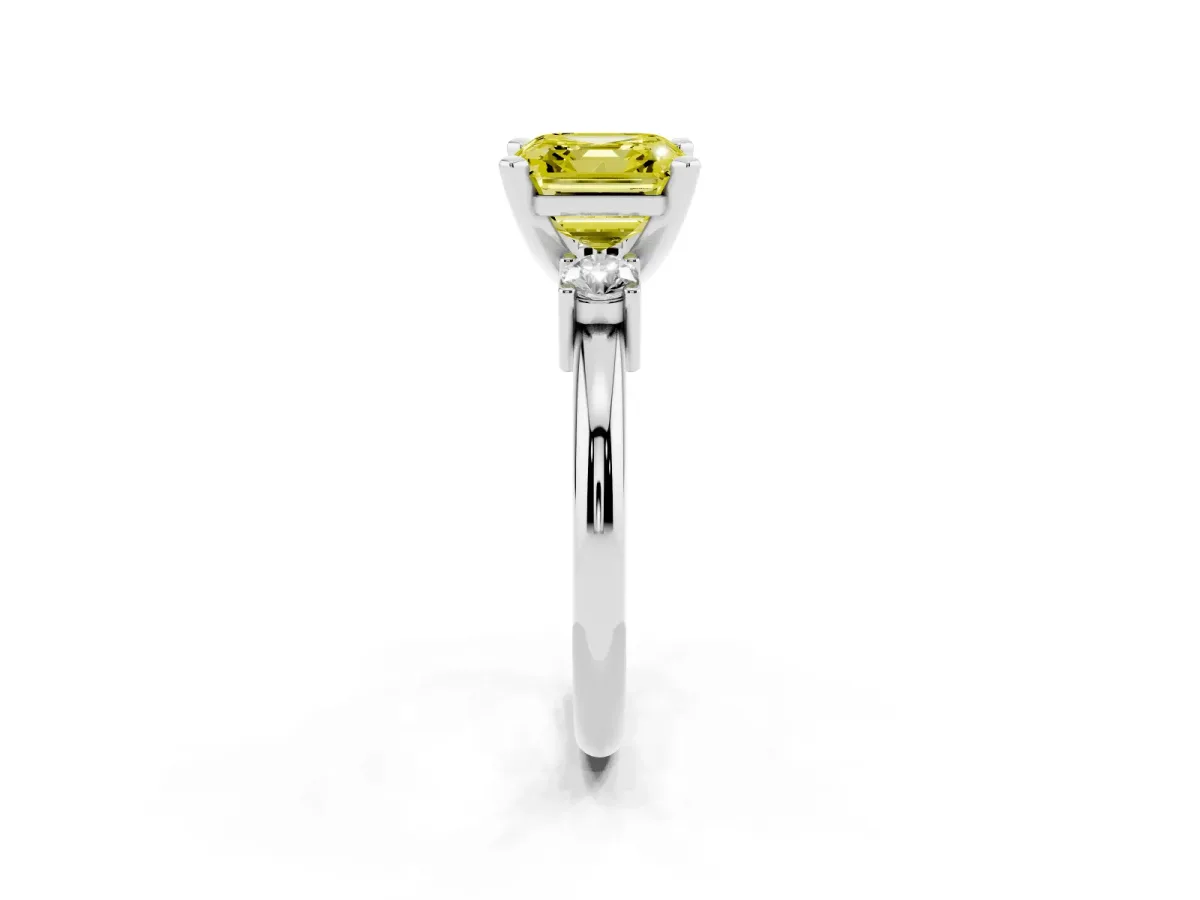 Fancy Yellow Three-Stone Asscher Cut Cut Diamond Solitaire with Prong Setting and Classic Band Silver