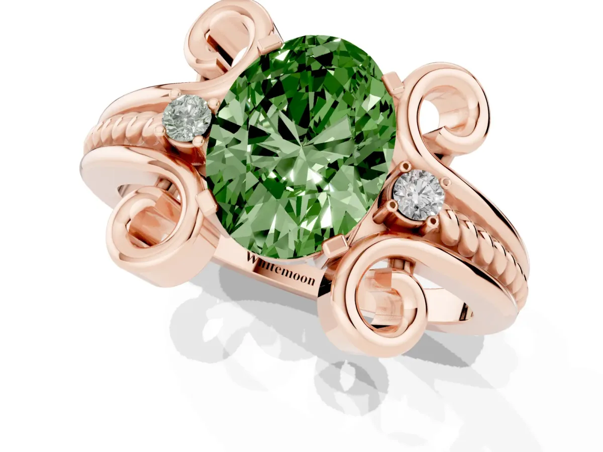 Fancy Green Oval Cut Solitaire Twisted Band Scroll Prong Ring Rose gold