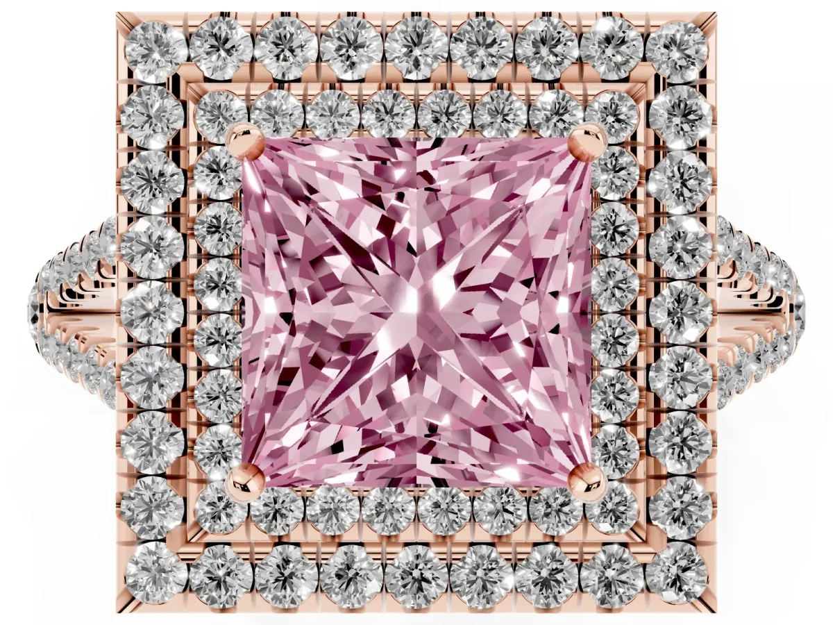 Fancy Pink Princess Cut Diamond Double Halo Ring with Pavé Band and Prong Setting Rose gold