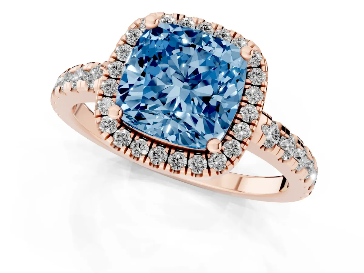 Fancy Blue Cushion Cut Diamond Halo Ring with Pavé Band and Four-Prong Setting Rose gold