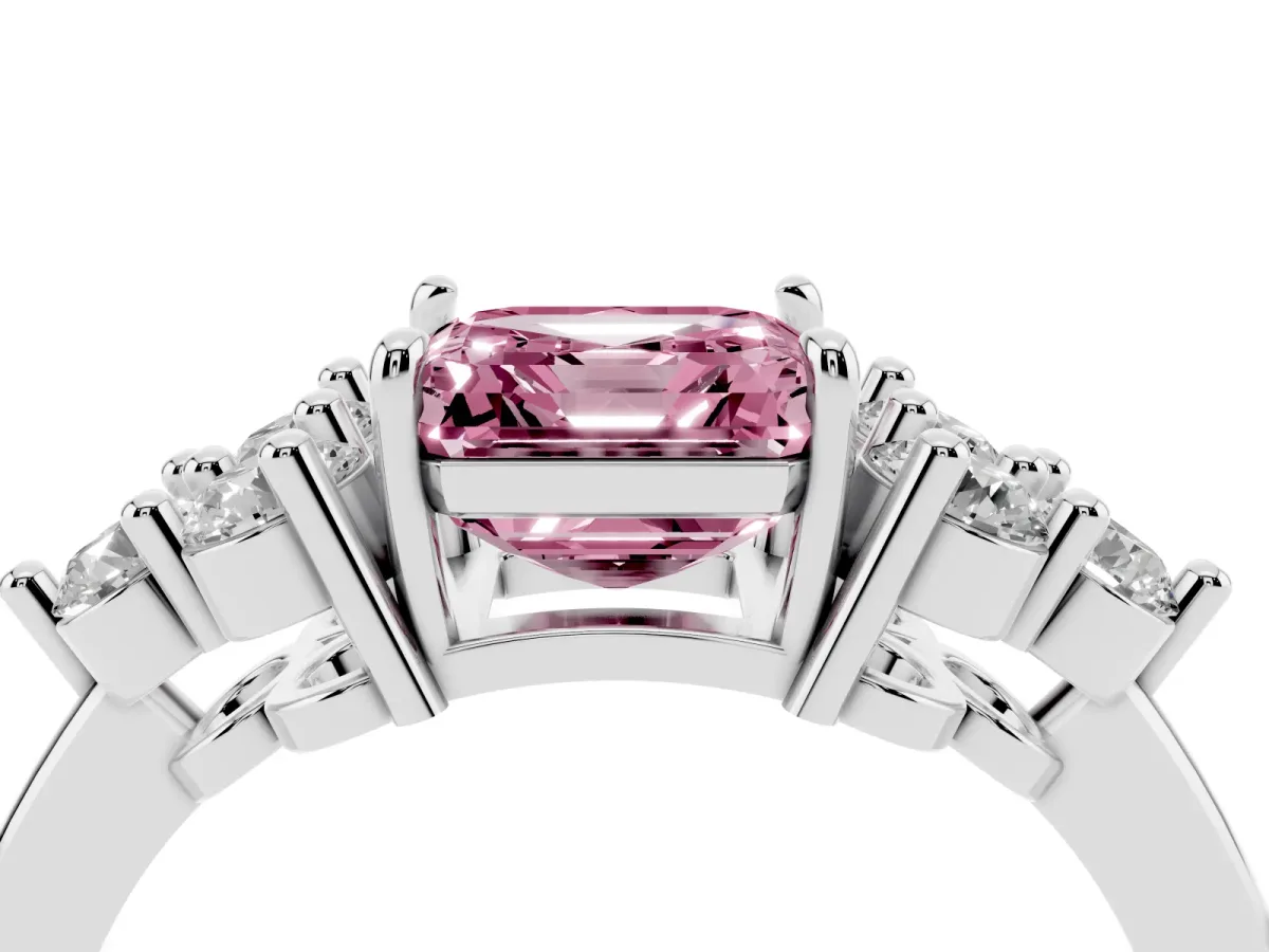 Fancy Pink Asscher Cut Brilliant Diamond Cluster Accent Solitaire Ring with Prong Setting Silver