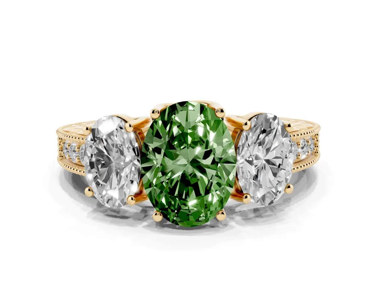Fancy Green Three-Stone Oval Cut Cut Milgrain Pavé Engagement Ring Yellow gold