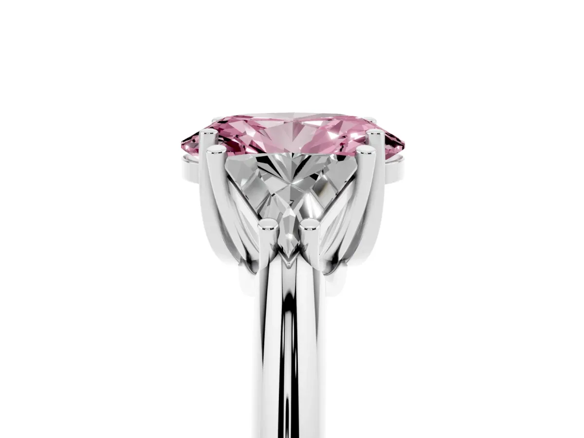 Fancy Pink Three-Stone Oval Cut Diamond Engagement Ring with Trillion Side Stones and Prong Setting Silver