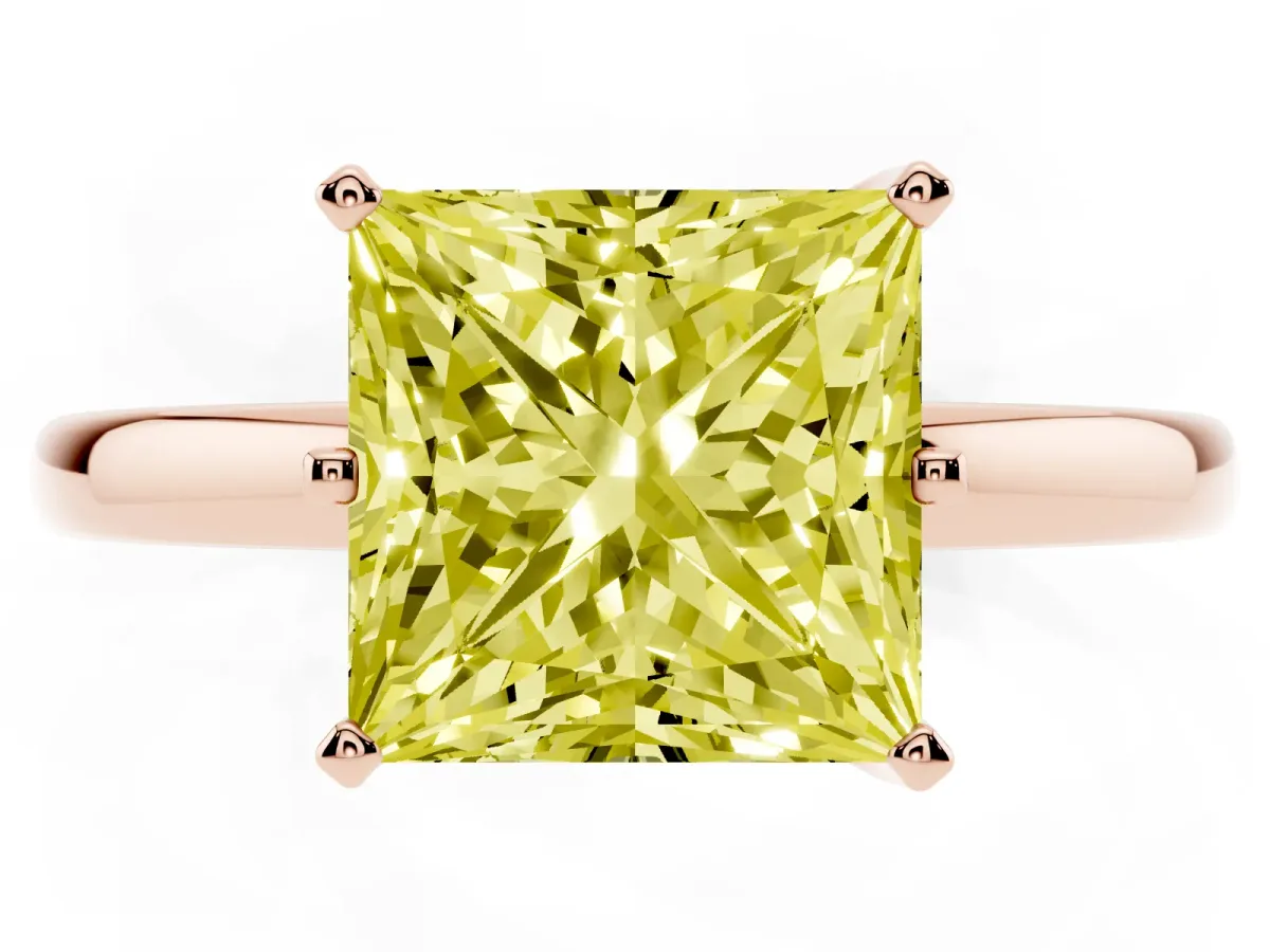 Fancy Yellow Princess Cut Solitaire Diamond Ring with Six-Prong Setting on a Classic Band Rose gold