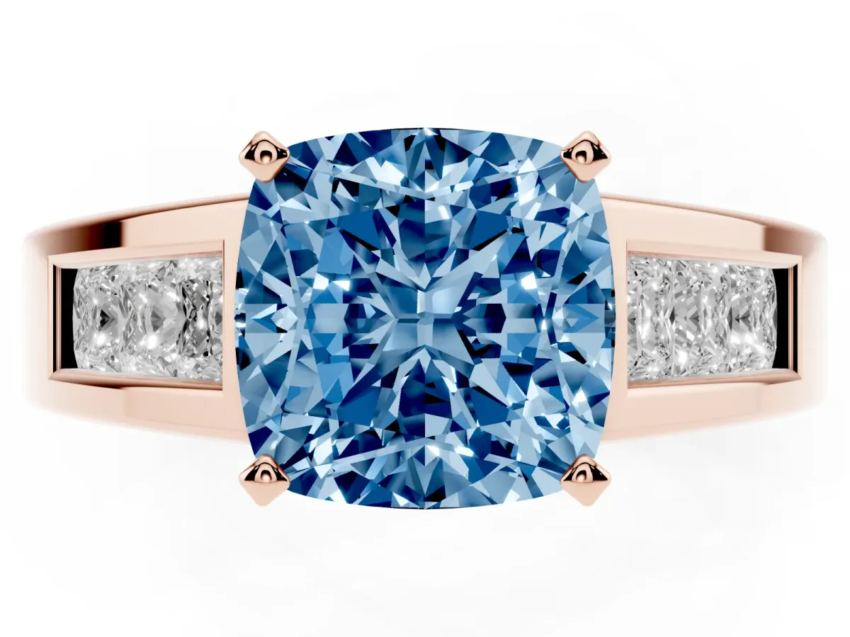 Fancy Blue Cushion Cut Cut Channel Set Solitaire Ring with Four-Prong Setting Rose gold