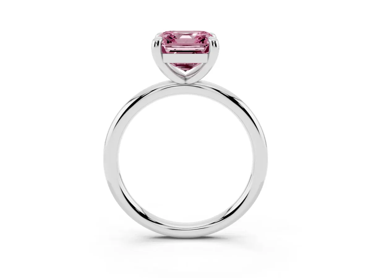Fancy Pink Asscher Cut Solitaire Diamond Ring with Four-Prong Setting on a Plain Band Silver