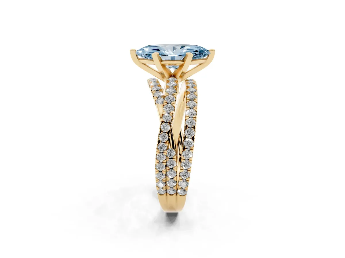 Fancy Blue Marquise Cut Solitaire Twist Band with Pavé Setting and Four-Prong Setting Yellow gold