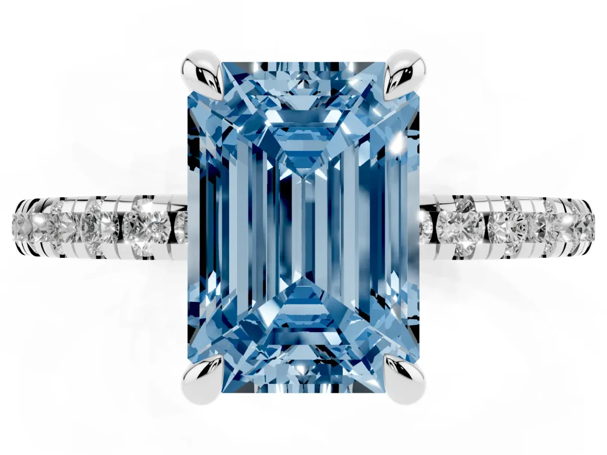Fancy Blue Emerald Cut Diamond Brilliant Solitaire Ring with Pavé Band and Four-Prong Setting Silver