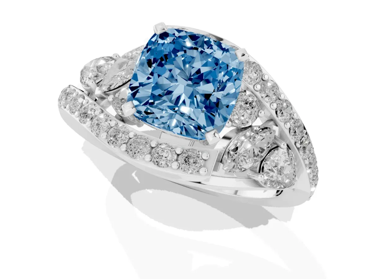 Fancy Blue Cushion Cut Diamond Halo Ring with Marquise and Pavé Band in Prong Setting Silver