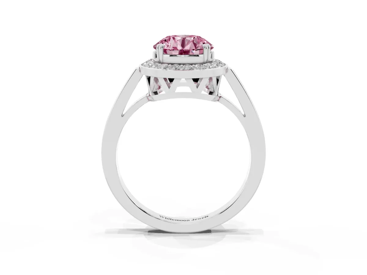 Fancy Pink Round Cut Diamond Halo Ring with Split Shank and Four-Prong Setting Platinum