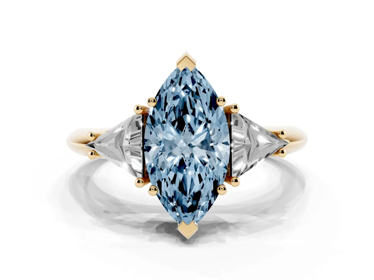 Fancy Blue Three-Stone Marquise Cut Diamond Engagement Ring with Trillion Side Stones and Prong Setting Yellow gold
