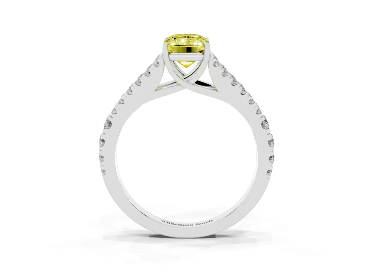 Fancy Yellow Emerald Cut Diamond Split Shank Engagement Ring with Round Pavé and Prong Setting Platinum