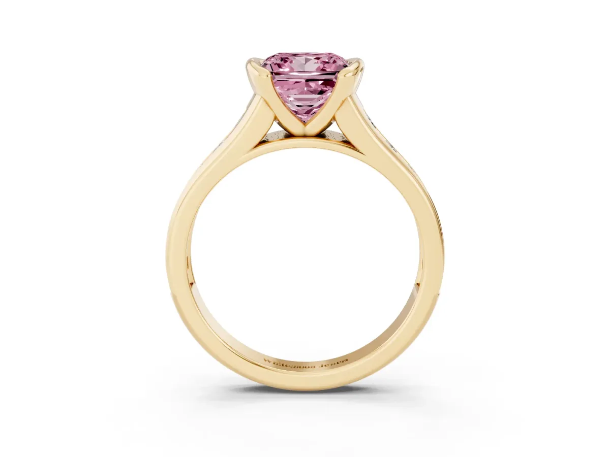 Fancy Pink Princess Cut Solitaire Bezel-Set Diamond Ring with Channel-Set Band Yellow gold