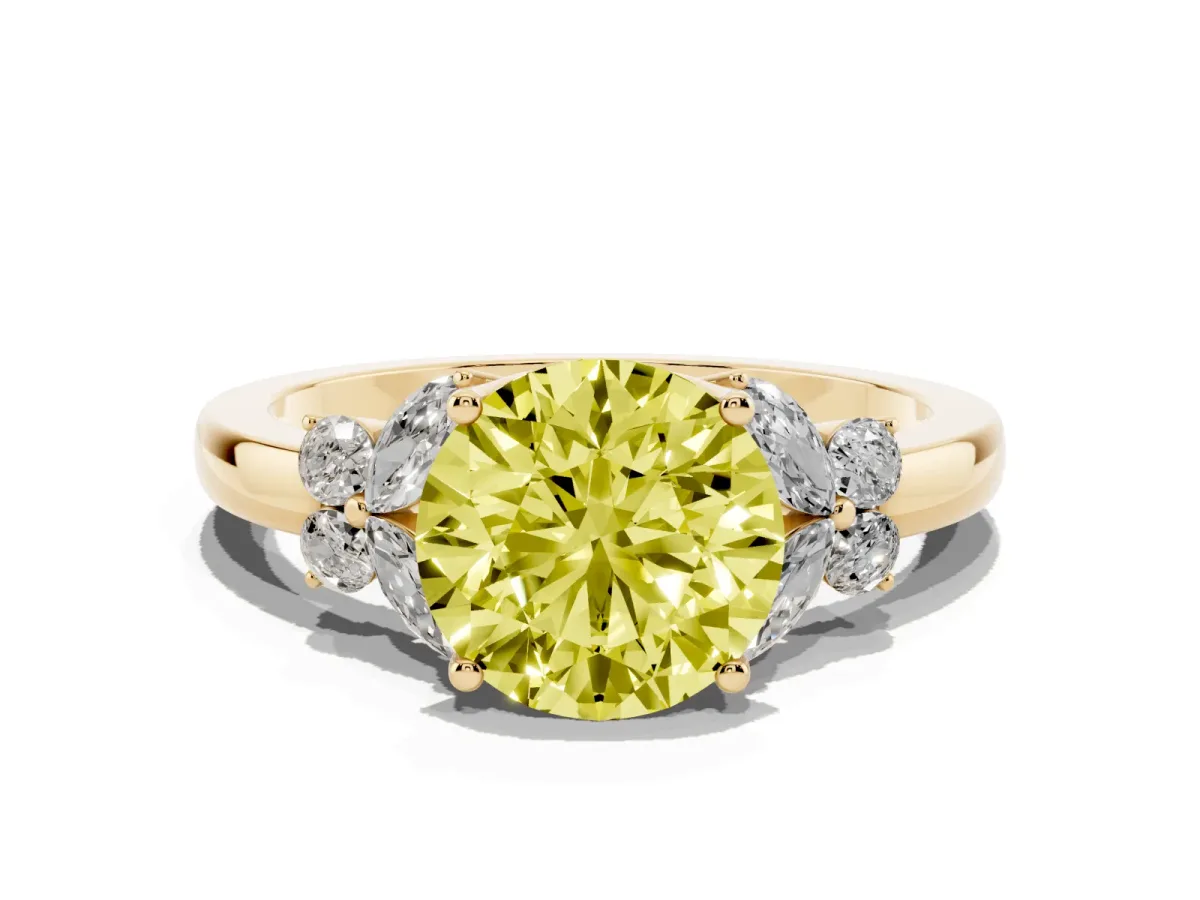 Fancy Yellow Round Cut Cut Solitaire Floral Diamond Ring with Four-Prong Setting Yellow gold