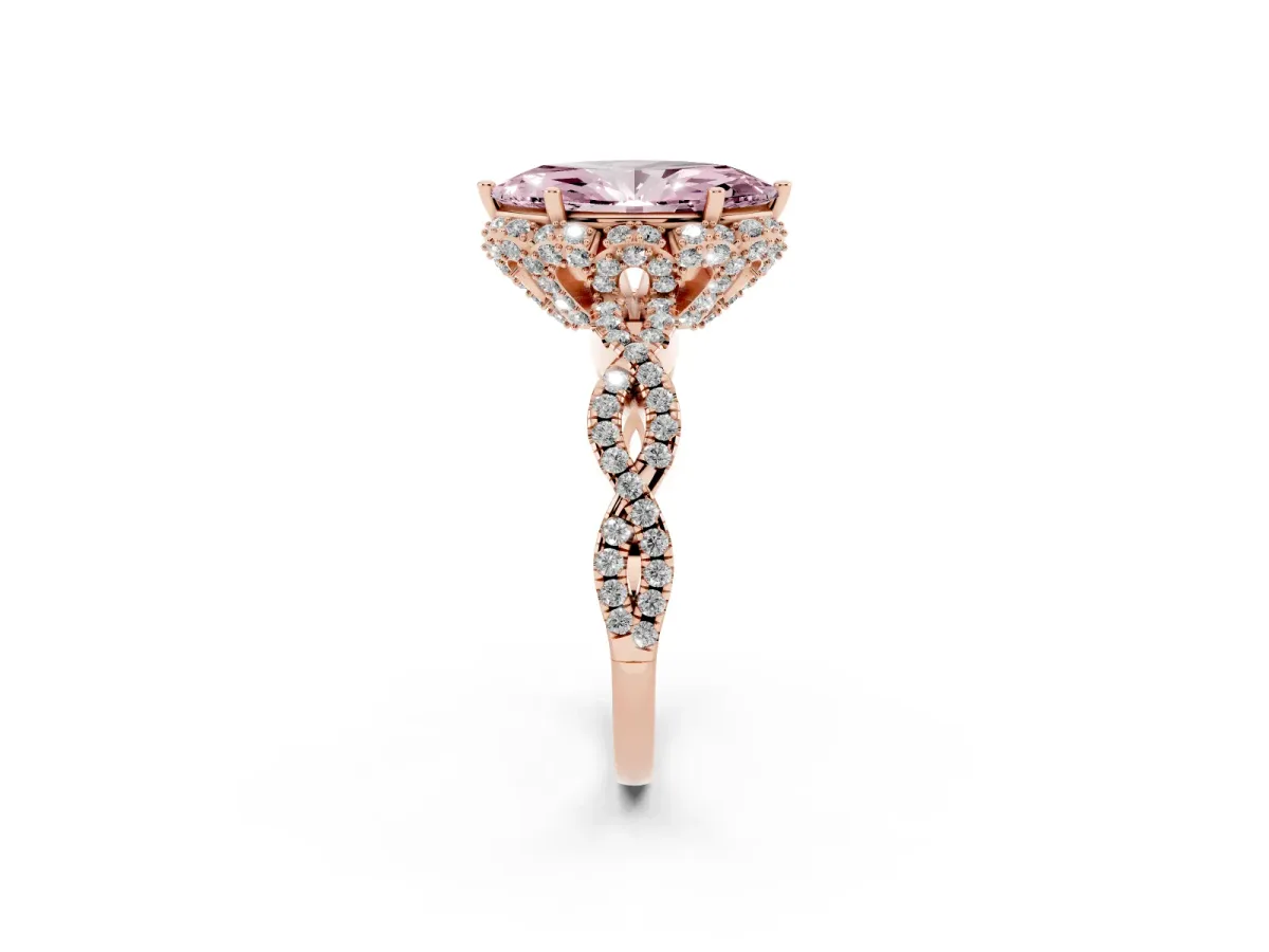 Fancy Pink Marquise Cut Halo Twist Band Solitaire Ring with Six-Prong Setting Rose gold