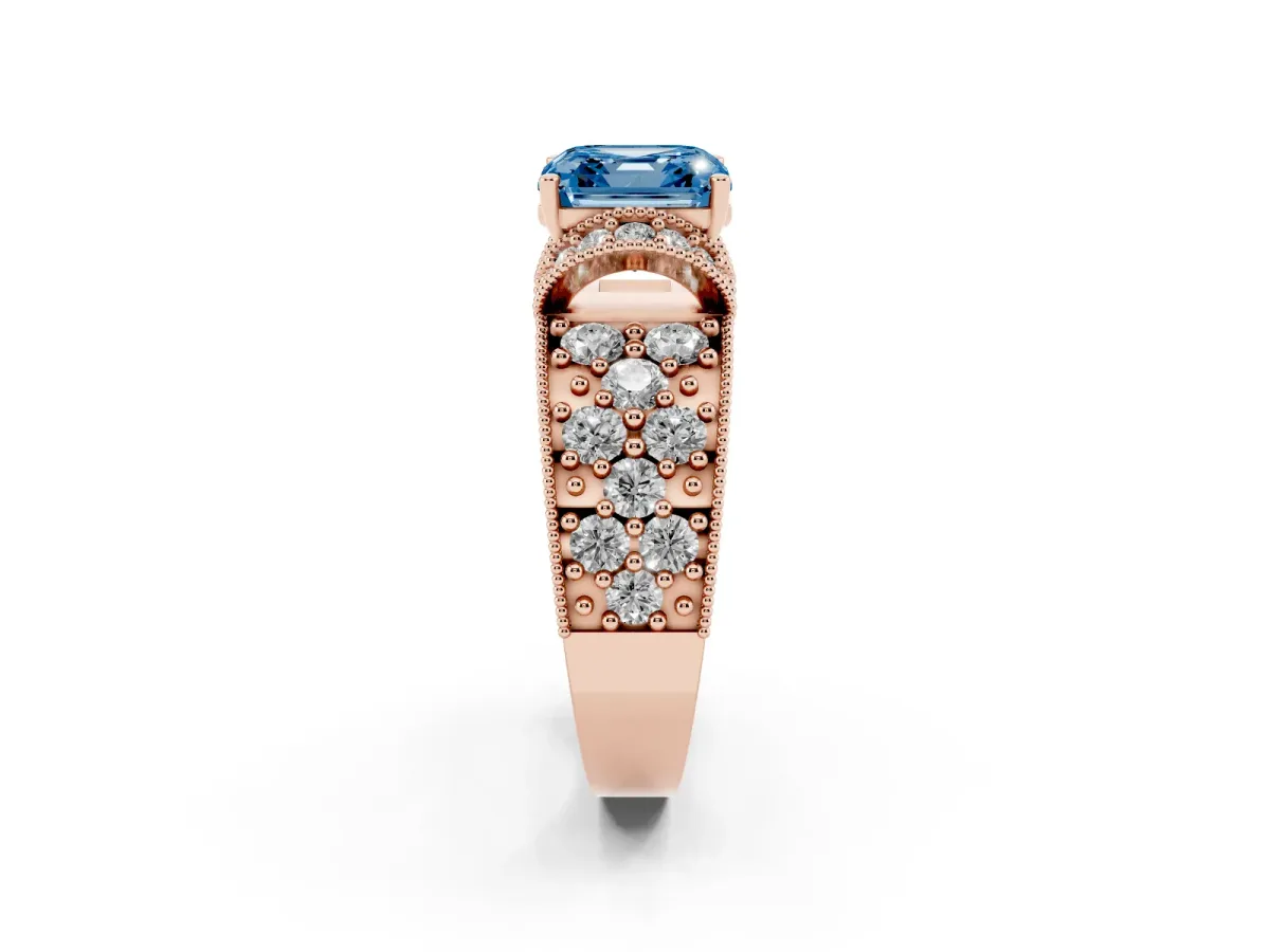 Fancy Blue Asscher Cut Halo Pave Diamond Engagement Ring with Milgrain Detailing Rose gold