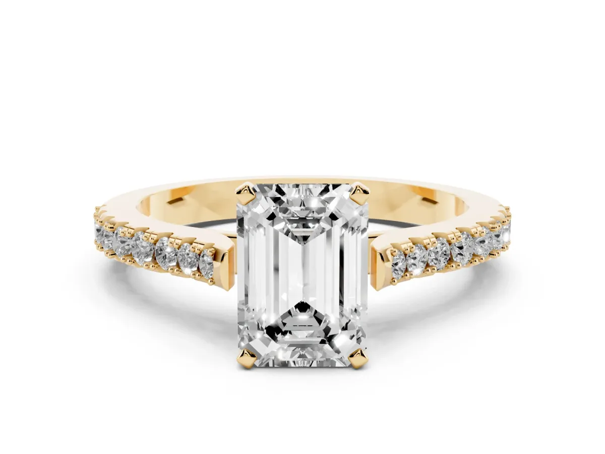 Emerald Cut Cut Solitaire Diamond Engagement Ring with Pave Band and Four-Prong Setting Yellow gold