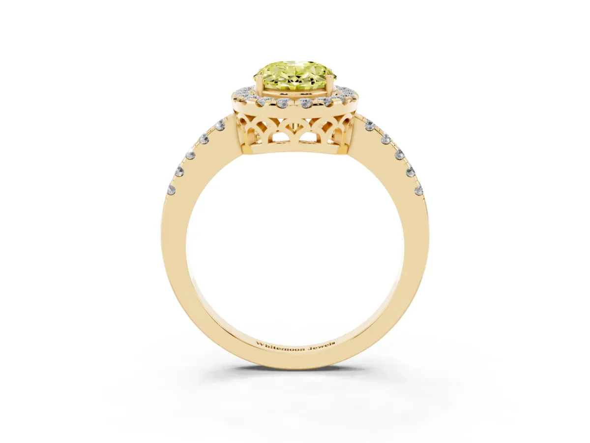 Fancy Yellow Oval Cut Halo Diamond Engagement Ring with Pavé Band and Four-Prong Setting Yellow gold