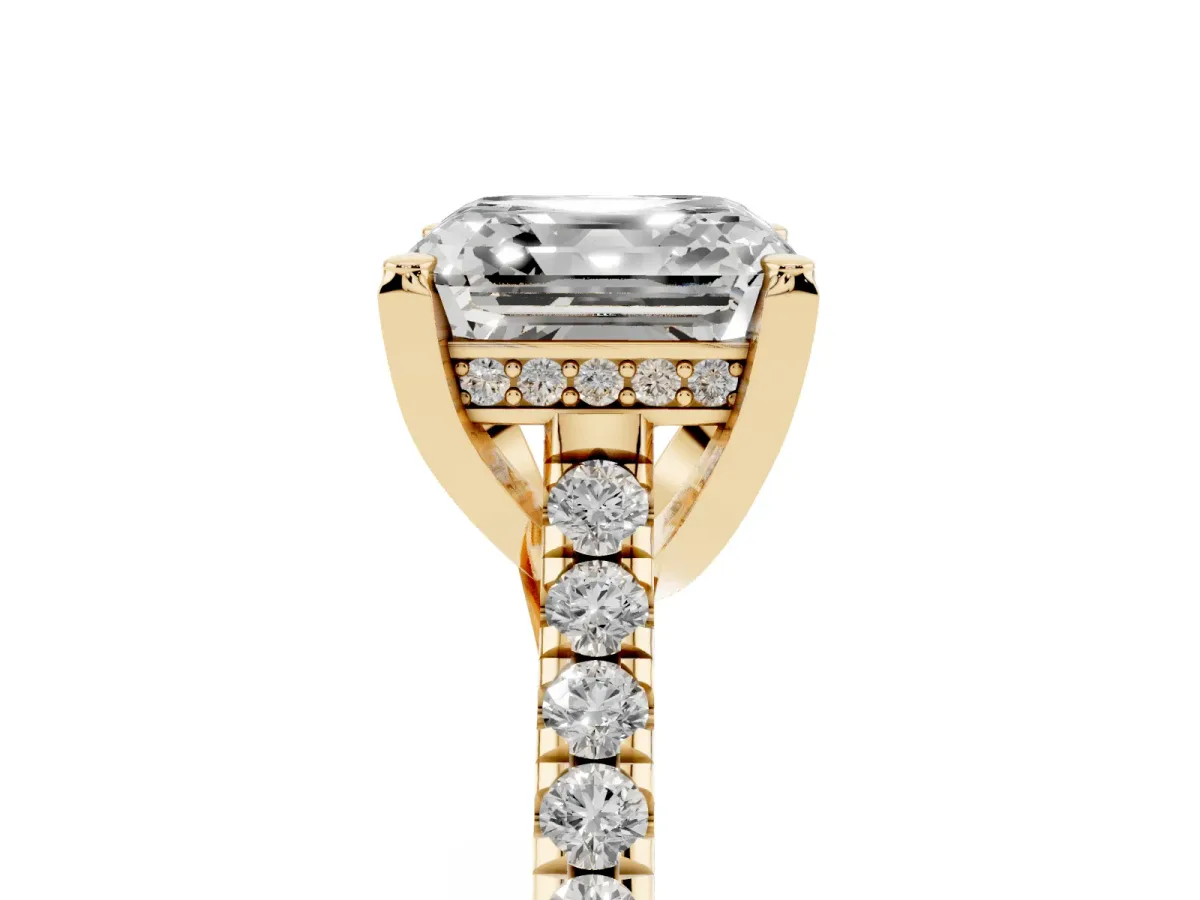 Asscher Cut Brilliant Diamond Solitaire with Pavé Band and Four-Prong Setting Yellow gold