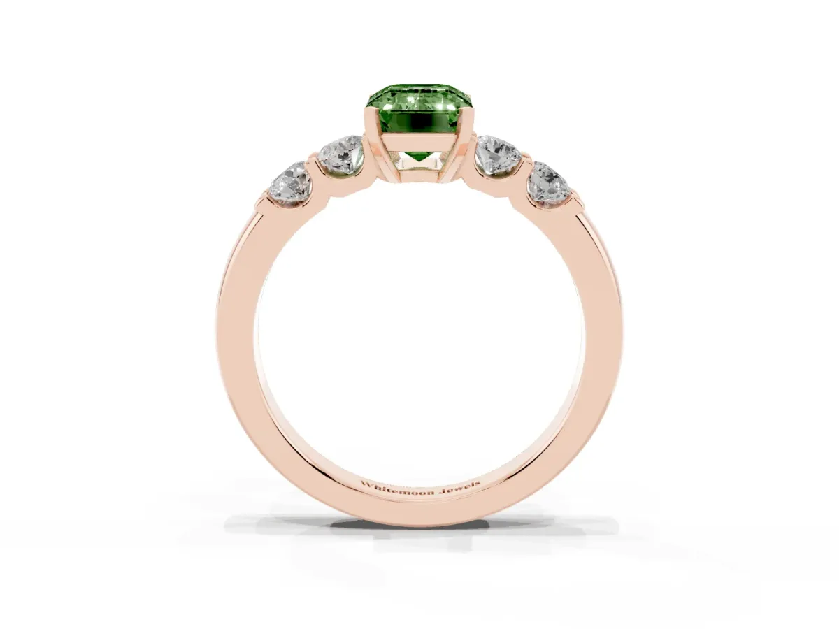 Fancy Green Emerald Cut Brilliant Cut Diamond Five-Stone Prong Set Engagement Ring with Channel Band Rose gold