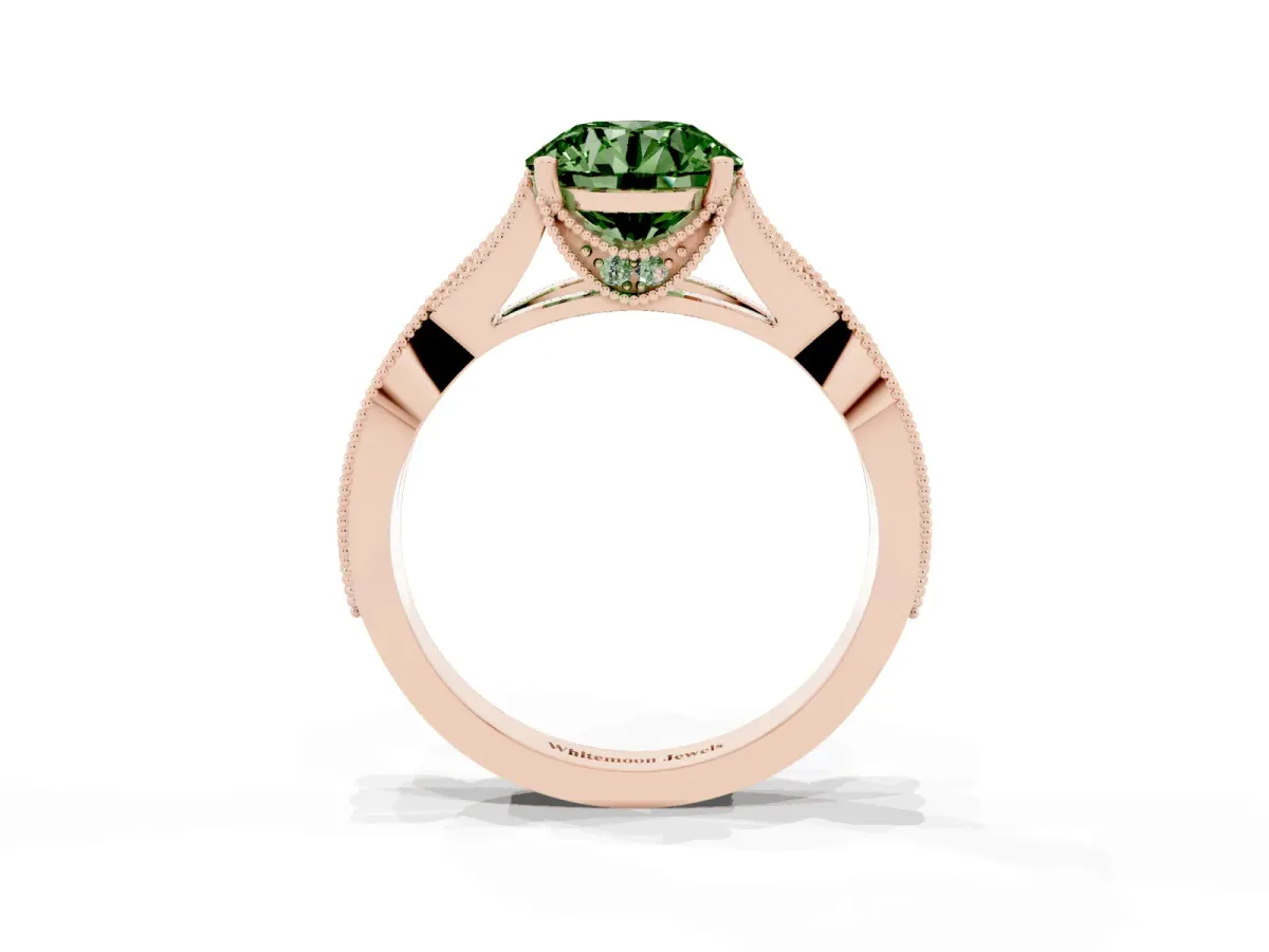 Fancy Green Round Cut Cut Diamond Twisted Band with Milgrain Pave Setting and Four-Prong Setting Rose gold