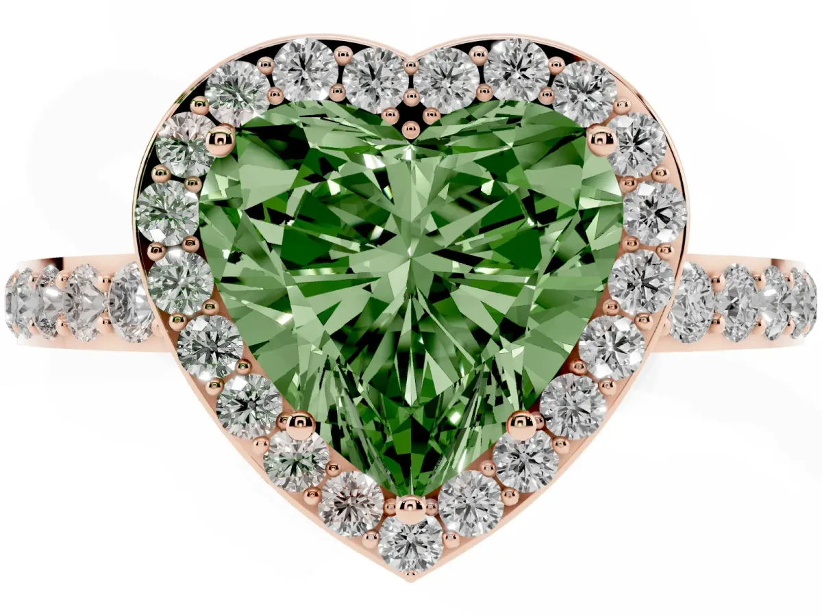 Fancy Green Heart Cut Halo Diamond Pavé Band Ring with Prong Setting Rose gold
