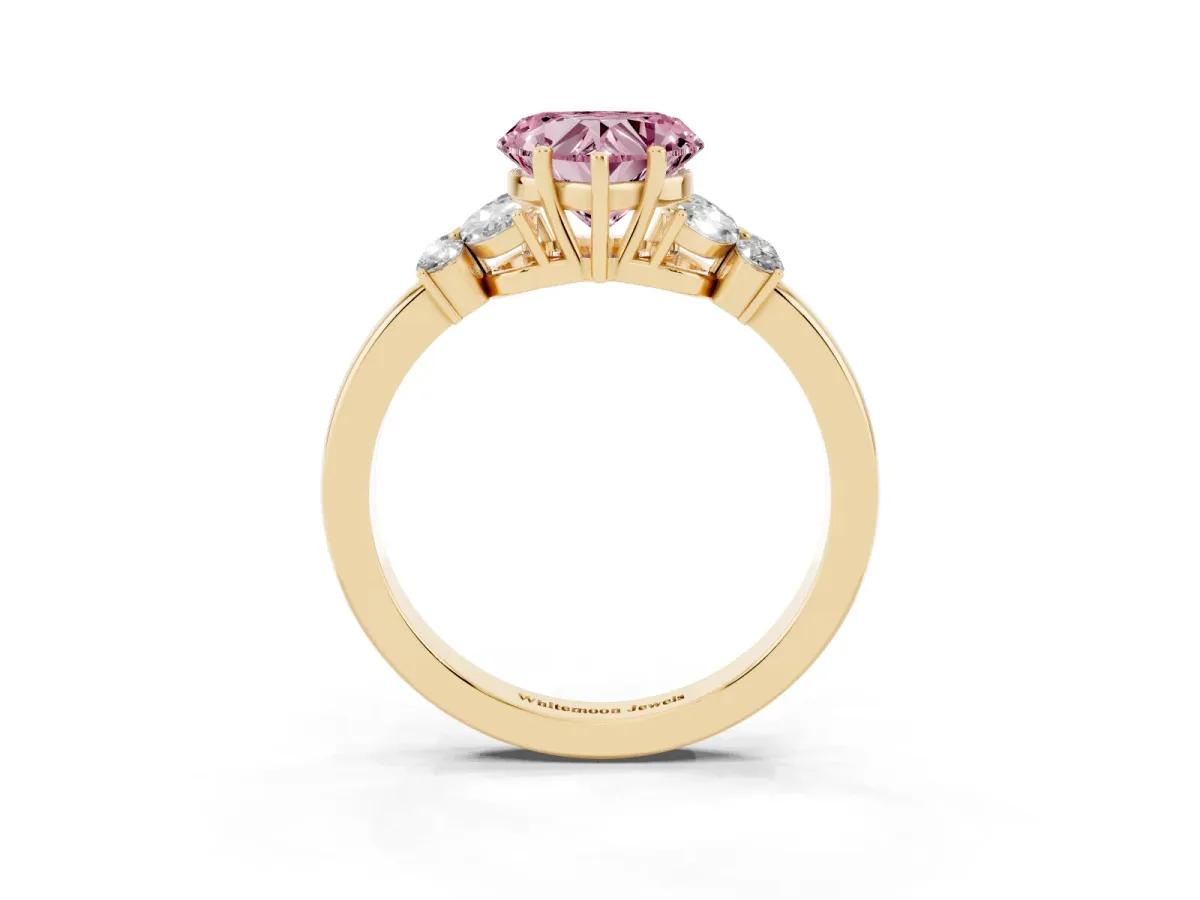 Fancy Pink Heart Cut Cut Solitaire Floral Diamond Ring with Four-Prong Setting Yellow gold