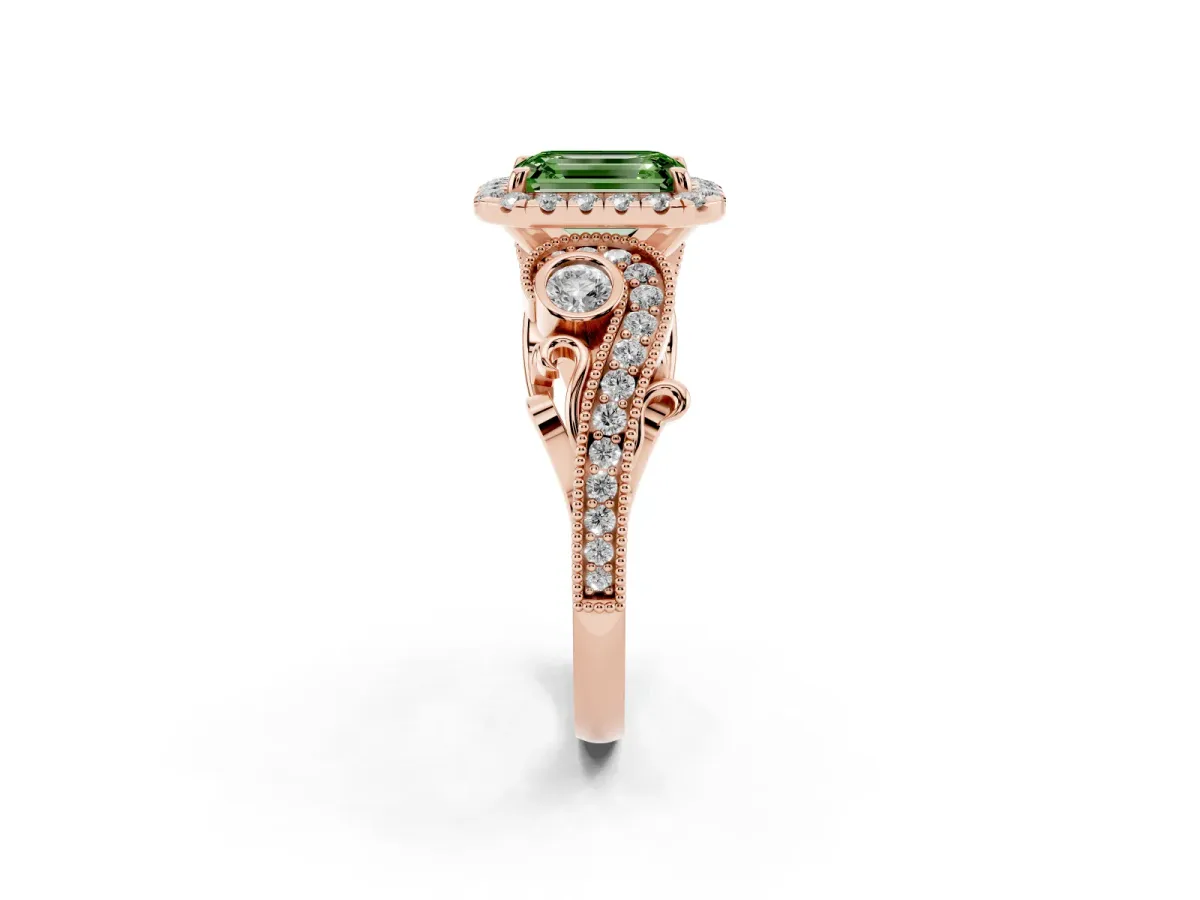 Fancy Green Emerald Cut Halo Diamond Ring with Milgrain and Bezel Accents on a Split Shank Band Rose gold