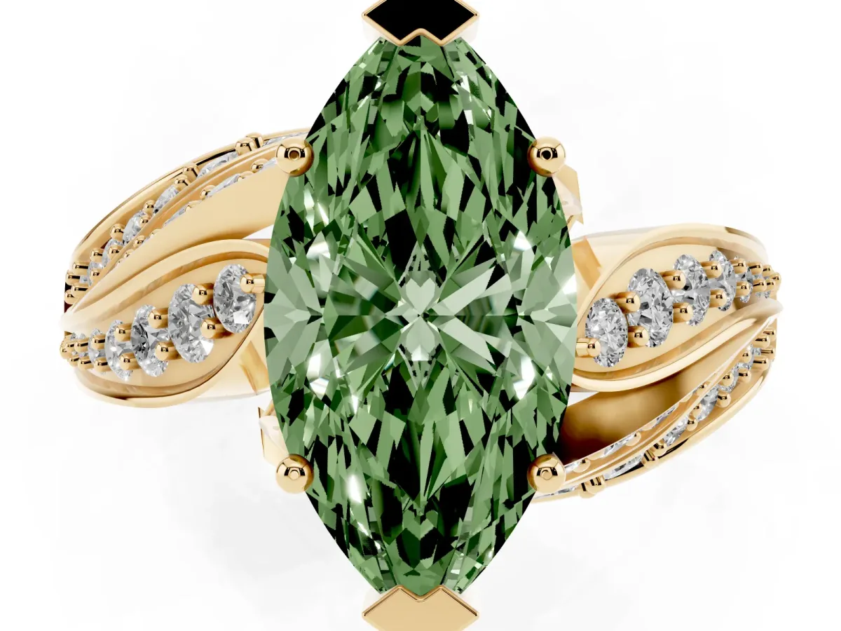Fancy Green Marquise Cut Diamond Solitaire Ring with Prong Setting and Twisted Pavé Band Yellow gold