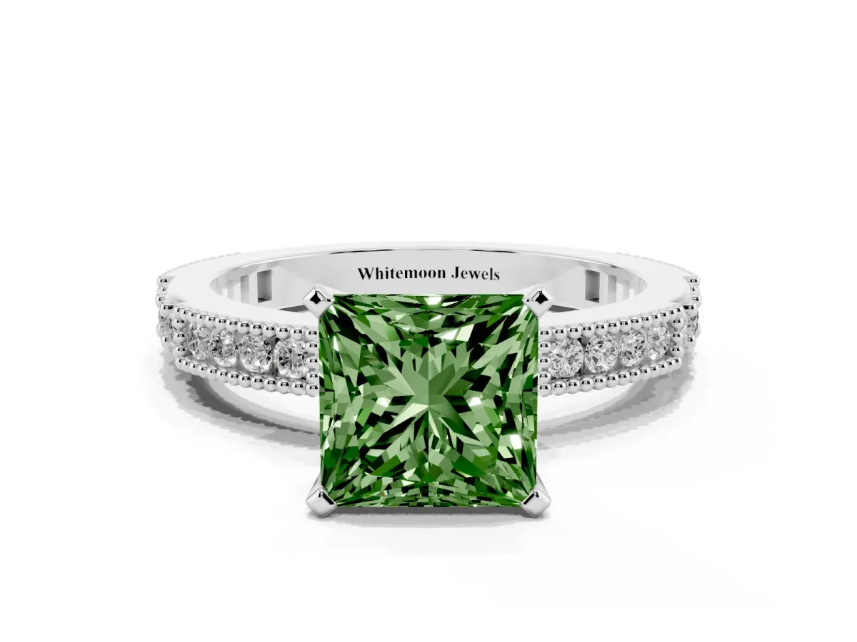 Fancy Green Princess Cut Solitaire with Pavé Band and Four-Prong Setting Silver