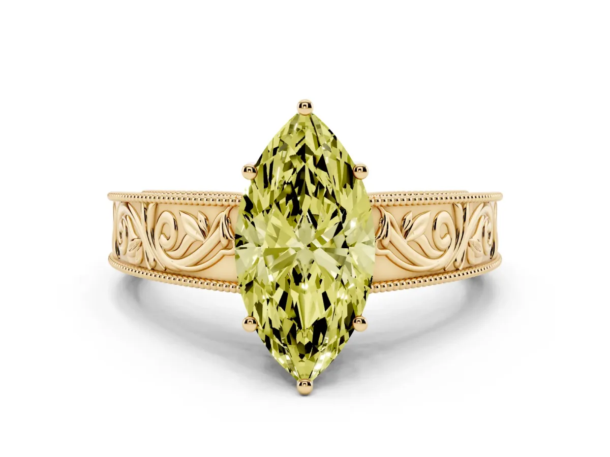 Fancy Yellow Marquise Cut Diamond Solitaire Ring with Engraved Band and Four-Prong Setting Yellow gold
