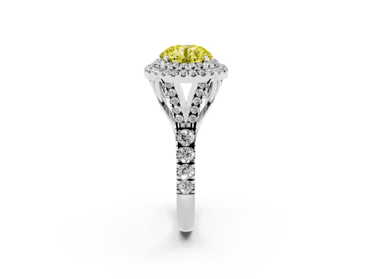 Fancy Yellow Round Cut Cut Double Halo Split Shank Diamond Ring with Prong Setting Silver