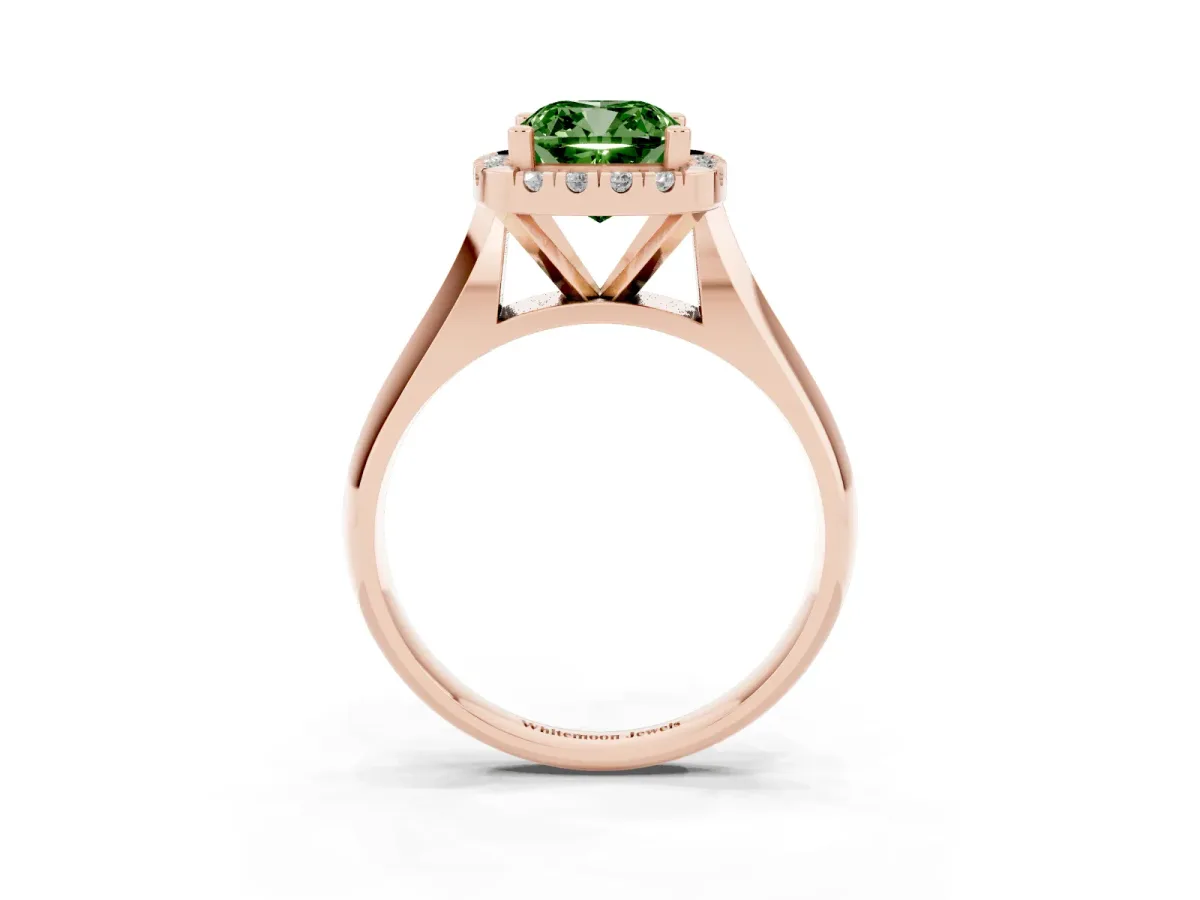 Fancy Green Cushion Cut Cut Halo Solitaire Engagement Ring with Square Band and Four-Prong Setting Rose gold