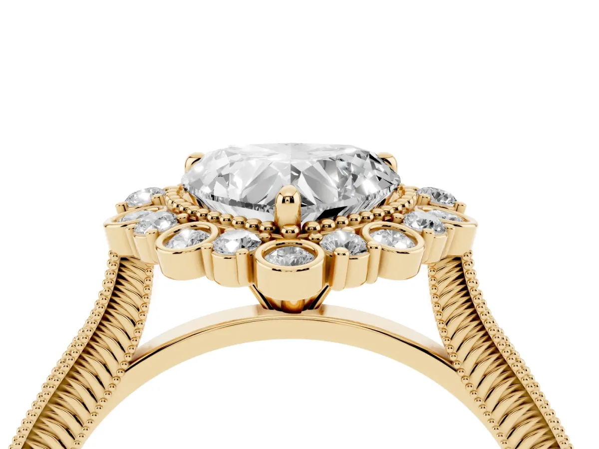 Heart Cut Halo Milgrain Pave Diamond Ring with Four-Prong Setting Yellow gold