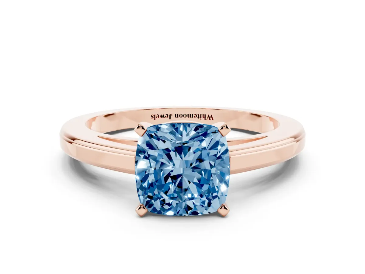 Fancy Blue Cushion Cut Solitaire Diamond Ring with Four-Prong Setting and Classic Band Rose gold