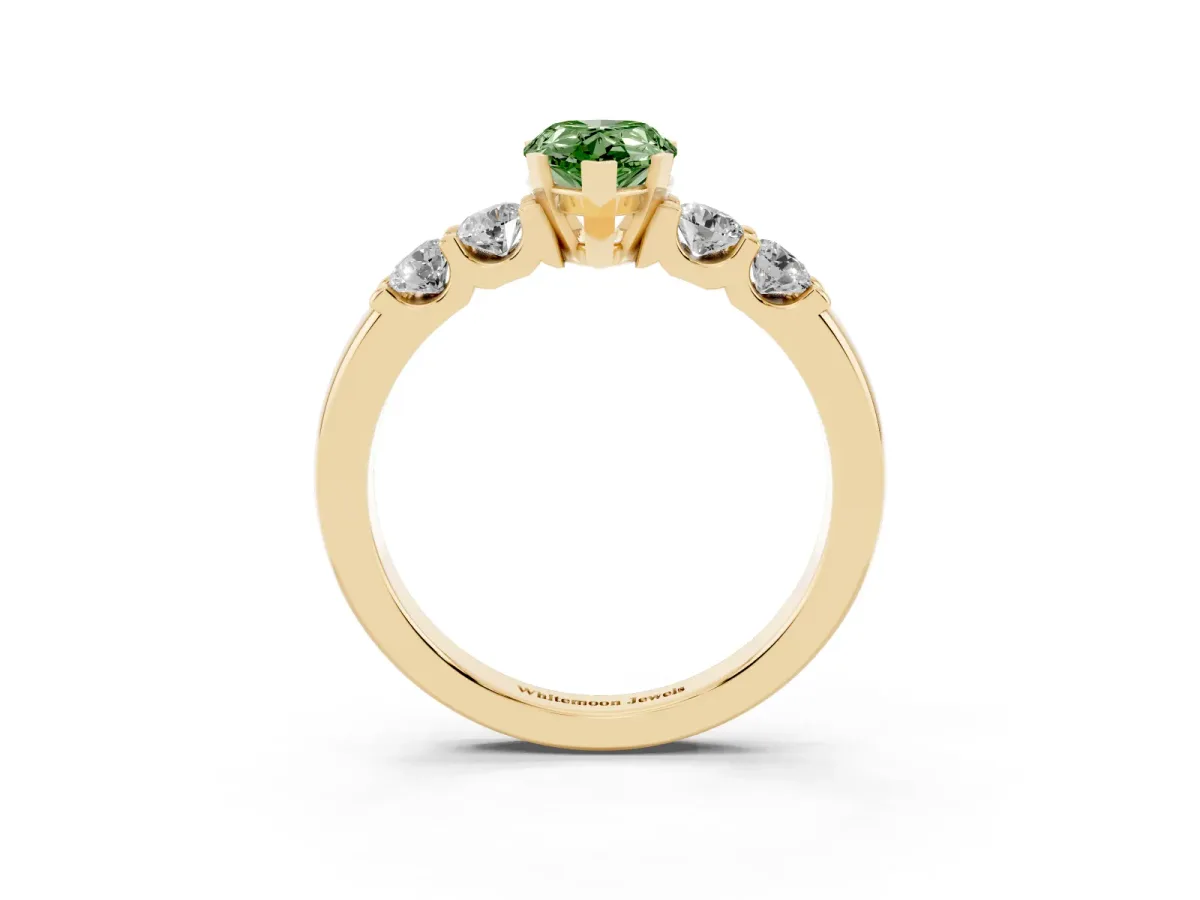 Fancy Green Pear Cut Brilliant Cut Diamond Five-Stone Prong Set Engagement Ring with Channel Band Yellow gold